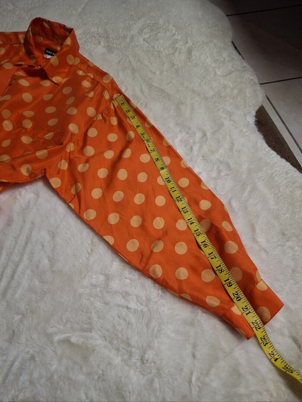 NAF NAF Paris Silk Orange with Beige Polka-Dots Button-Up Blouse Size X-Large - Picture 14 of 16